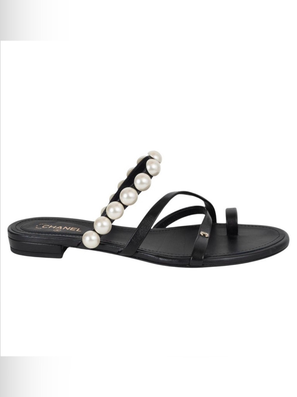 Chanel Black Pearl-Accent Rhinestone CC Logo Strappy Leather Sandals size 37.5